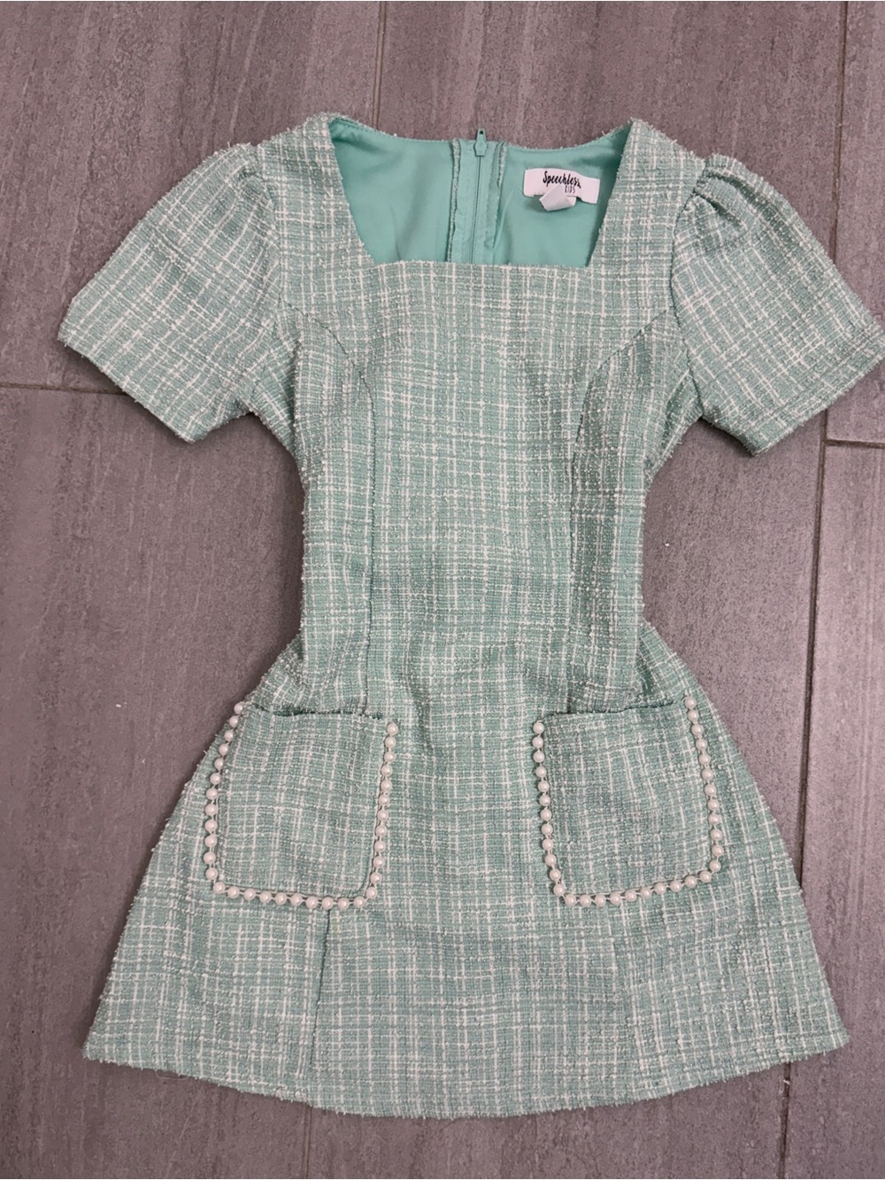 Speechless Mint Tweed Pearl-Trim Pocket Dress